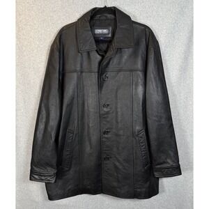 Structure Leather Jacket Mens XL Vintage Black Thick 90s Button Up‎
